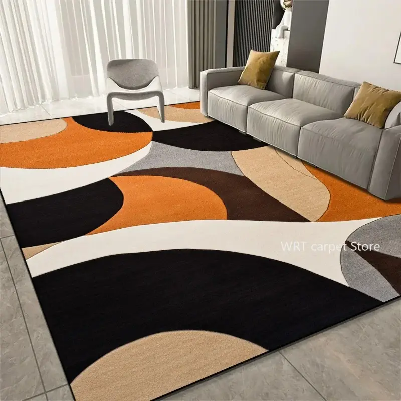 Modern Abstract Geometric Flannel Area Rug, Abstract Area Rugs - Orange Wave Print Soft Mat for Living Room, Non-Slip Minimalist Home Decor, Decorative Rug