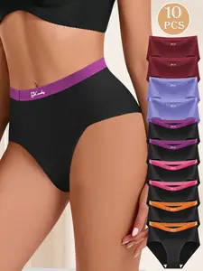 QUASTI 10 PCS High Waisted Sexy Underwear for Women, Letter Waist Contrasting Comfy Sexy Knickers Panties, Full Coverage Ultra Comfort Cotton Crotch Seamless Mix Colors Briefs, Hip Lifting Comfortable Skin Friendly Panty, S-XXL