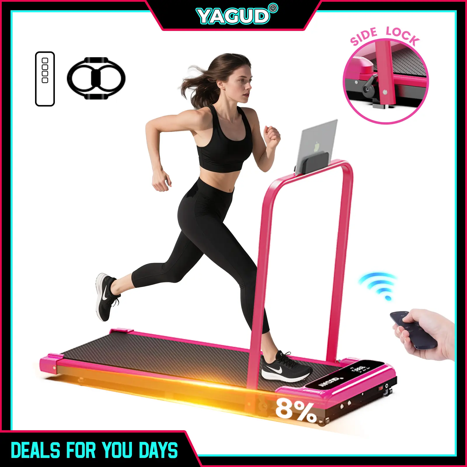【New Arrival】DELSFORYOUDAYS YAGUD Electric Folding Treadmill with Handrail, Low Noise Motor – 265lbs Weight Capacity Spacious Belt Walking Pad, Dual Shock Absorption, Remote Control & Wheels for Easy Moving – Includes Free Resistance Bands and Remote