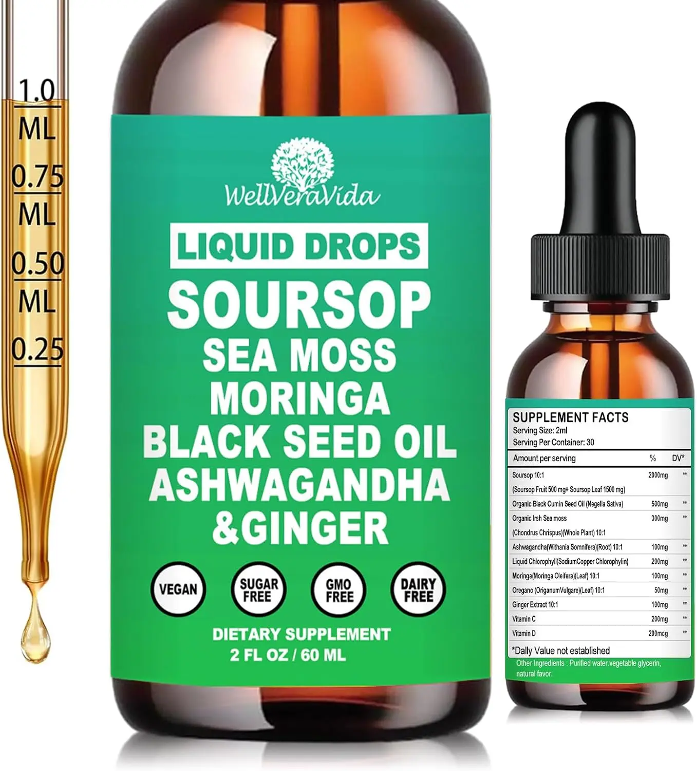 Soursop Bitters Liquid, 10 in 1 Herbal Graviola Daily Gut Drops | Rich in Antioxidants, Soursop Leaves & Fruit with Essential Herbs Vitamins & Multimineral, Support Energy & immunity, 2Fl Oz