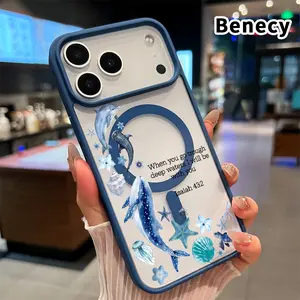 Magnetic Soft Case for iPhone 17 16  Pro Max Plus 15 14 13 12 11 Air E Non-Yellowing Drop Protection Transparent Acrylic Oceanic Companionship Pattern Shockproof Silicone Cover Supports Wireless Charging