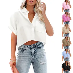 Imily Bela Womens Casual Short Sleeve Button Down Cropped Shirts Collared Summer Crop Tops Solid Color Short Blouse Shirt