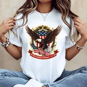American Eagle And Flag The Great American Experiment 1776 2076 Print T Shirt White Casual Loose Fit For Everyday Wear And Outdoor Activities