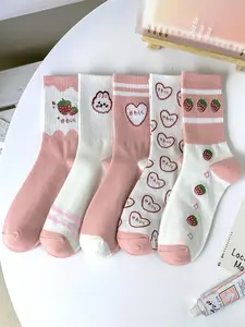 Women's 5 Pairs Strawberry & Heart Print Crew Socks, Cute Colorblock Rabbit Pattern Athletic Running Socks, Soft Comfy Breathable Sports Socks For Women & Girls