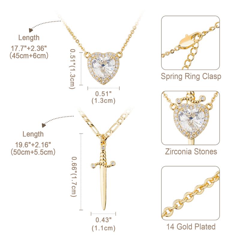 MEIITRUE 14K Gold Plated Heart Pendant Necklaces for Women Men, Zirconia Dagger Cross Pendant Necklace, Elegant Jewelry Gift for Couples