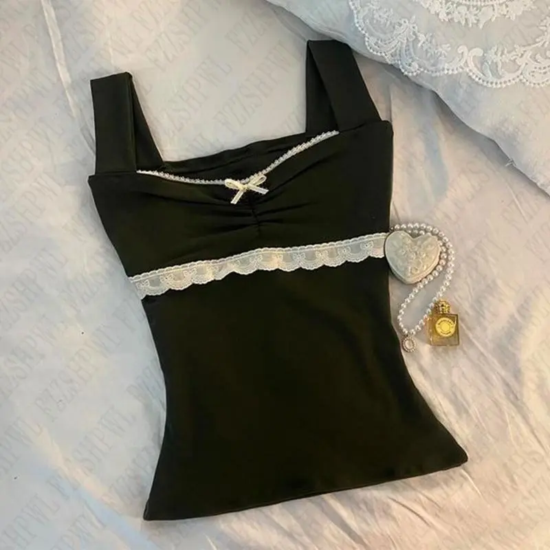 Women Sexy Chic Casual Lace Bow Camisole Top Harajuku Retro Y2K Aesthetic Solid Color Crop Top Punk Rock Hip Hop Goth Streetwear