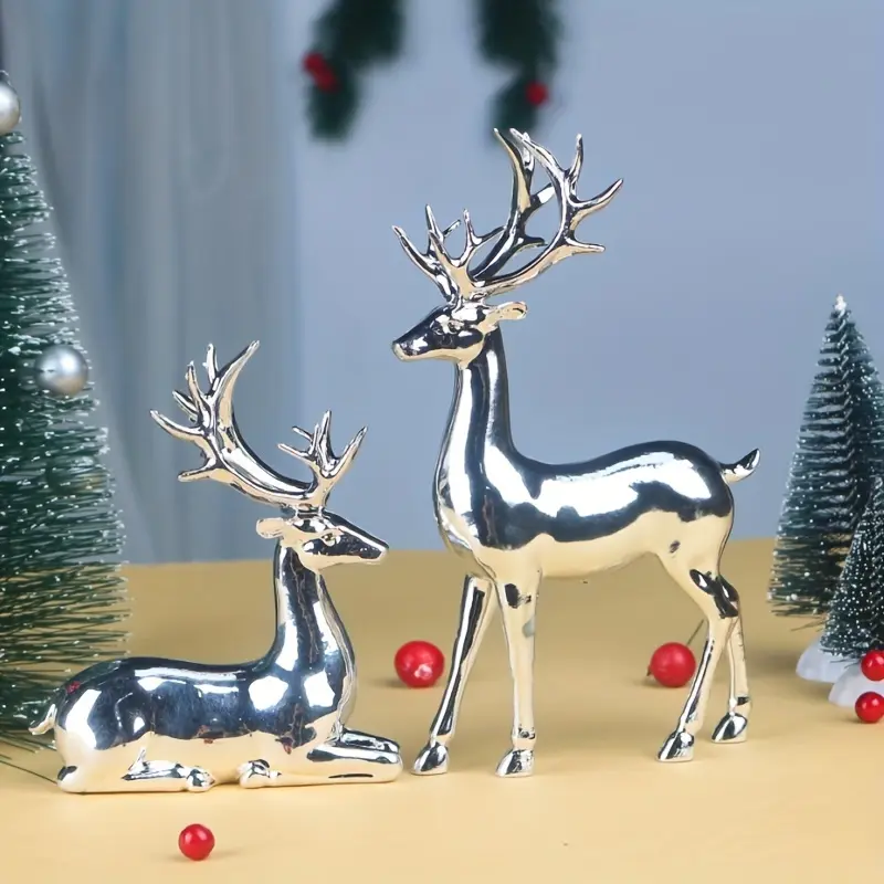 [Pair Silver Deer Figurines] A Pair Of Silver-Plated Deer Figurines, Christmas Reindeer Decorations, Suitable For Home Room Decoration, Perfect Choice For Christmas Home Decoration And Christmas Gifts Ornaments Plastic Halloween Multicolor