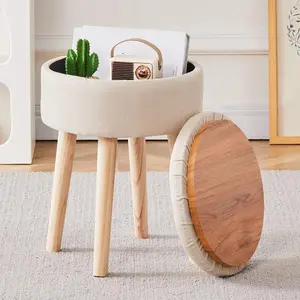 Storage Ottoman Foot Stool Teddy Velvet Round Vanity Stool Tray Top Footstool with Wood Legs Upholstered Foot Rest Ottoman for Living Room, Bathroom, Makeup