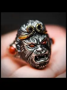 Monkey King Ring Earrings, Bold Design Open Mouth Index Finger Ring, Unique Accessory for Men, Trendy Jewelry Gift Idea