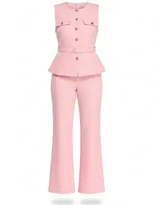 Tailored Pink Peplum Co-ord PANT Set | Sleeveless Button-Down Vest & Flare Trousers