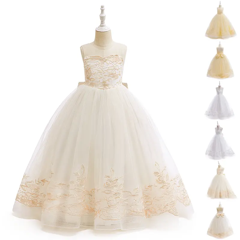 Champagne Kids Clothes 299 Bow Embroidered Princess Trailing Long Ball Gown Frock Children Formal Evening Party Pageant Prom Host Cocktail Dress Flower Girls 2-13Y