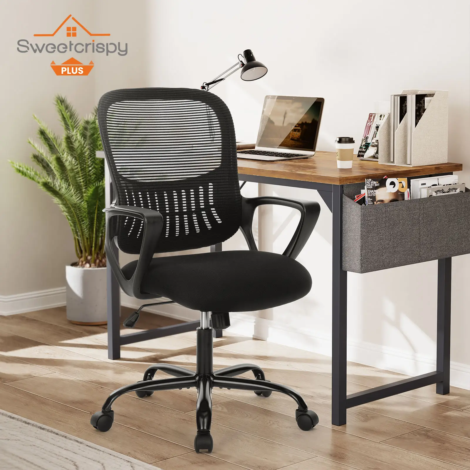 Home Office Chair, Mid Back Computer Ergonomic Mesh Desk with Larger Seat, Executive Height Adjustable Swivel Task with Lumbar Support and Armrests