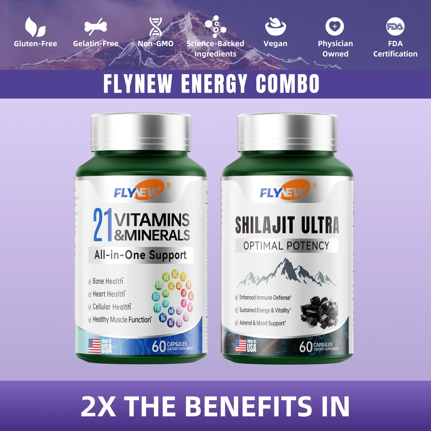 Flynew 21 All-in-One Vitamins & Minerals and Shilajit Bundle | Highly Potent Herbal Ingredients & Pure Himalayan Organic Resin Natural Shilajit Resin with 85 + Trace Minerals | Made in USA | 120 Capsules Dietary Supplement Healthcare Edible