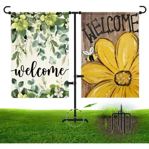 Garden Flag Pole Holder with 5-Prong Base - Heavy Duty Metal Outdoor Stand with -Coated Finish, Clip & Stopper for Double Flags, Yard Decor Display