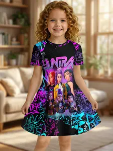 Girls' Cartoon Print Short Sleeve Round Neck Graphic Print Dress, Casual Fitted Knee Length One-Piece, Asymmetrical Design, Comfortable Wear