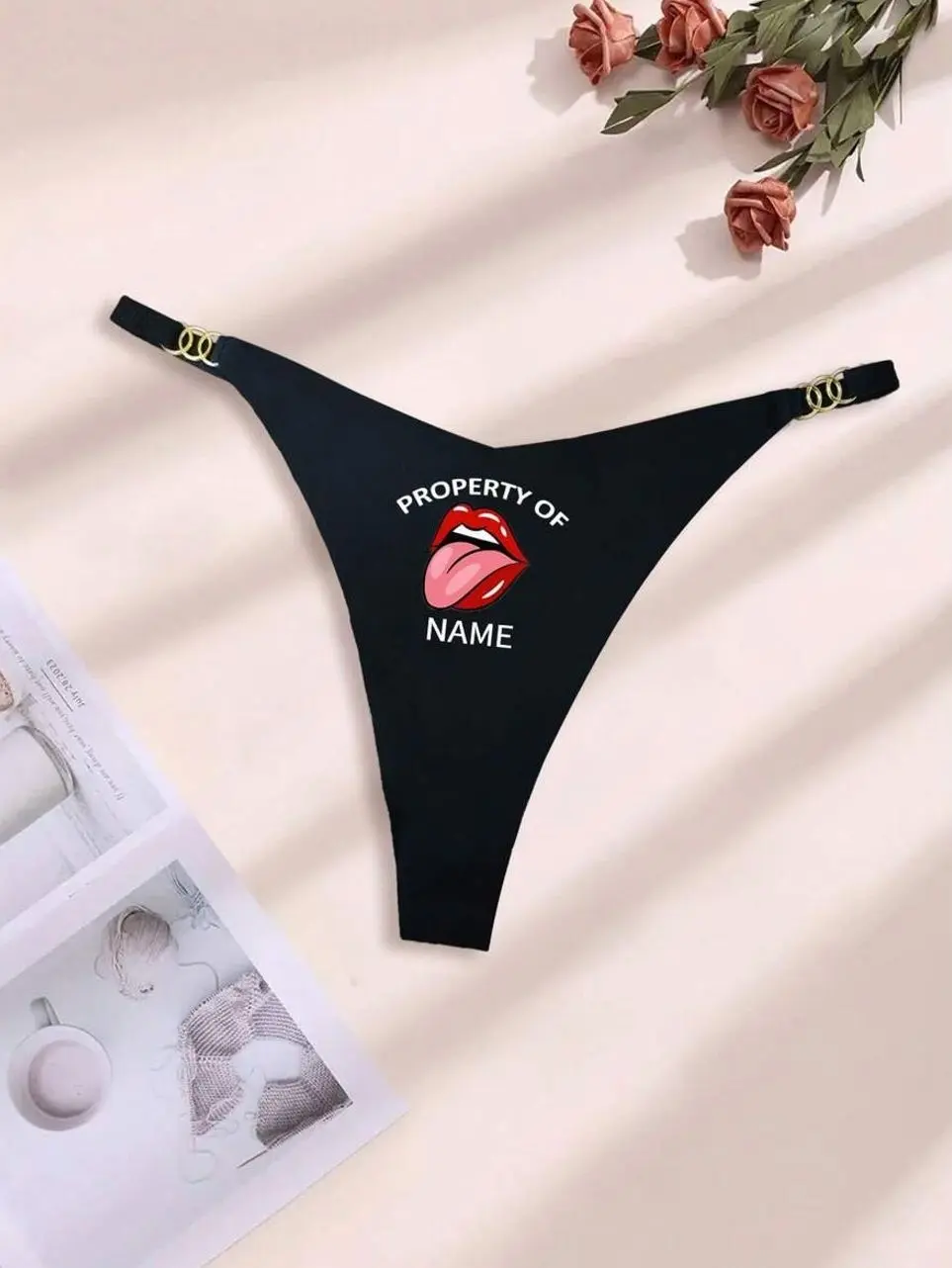 Customizable Women’s Thong, Seamless Metal Buckle V-Shape Breathable Gift Lingerie