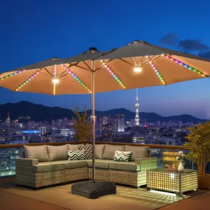 OOSWIFTOversized 15FT Double-Sided Patio Umbrella with RGB Solar Lights, High-end Outdoor Large Pool Umbrellas with Crank Handle, Solar-Powered Color-Changing & UV-Protective, Rectangular Market Umbrella with Base Included for Garden, Deck, Backyard, Pool