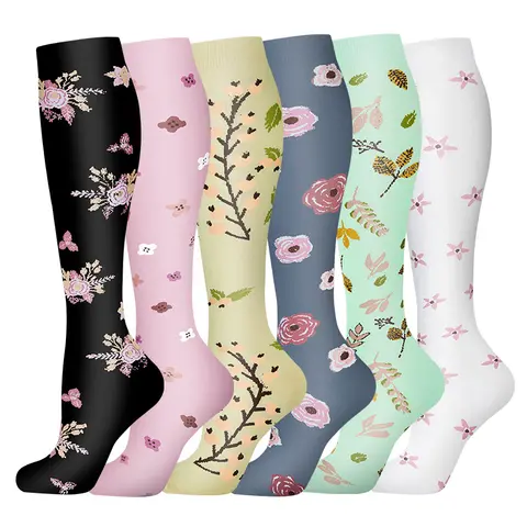 Women's Acrylic-Cashmere High Compression Socks (6-Pack) - Form-Fitting, Stretchy Synthetic Fiber Knee-High Socks for Women, Joint & Muscle Support, Slim to Wide Calves, Tired Legs Relief, Gym Workouts, All Seasons, Machine Washable, Floral Leaf