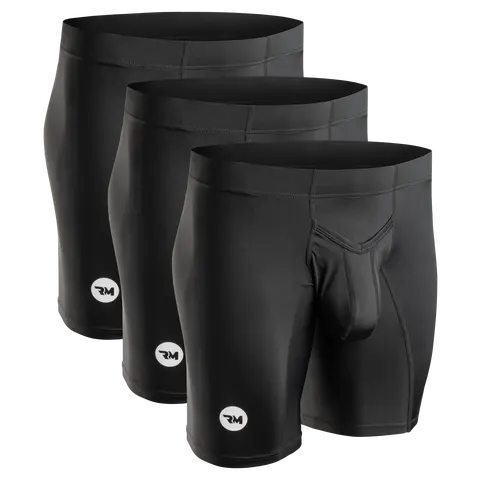 Men's 9in Lightweight Nylon V-Fly Athletic Performance Boxer Briefs 3pk - Snug Mid-Waist, Breathable, ABCD Pouch, Plain Black Daywear, Working Out Gym Underwear, Non-3-In-1 Box Set
