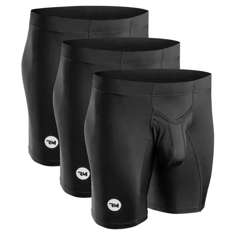 Men's 9in Lightweight Nylon V-Fly Athletic Performance Boxer Briefs 3pk - Snug Mid-Waist, Breathable, ABCD Pouch, Plain Black Daywear, Working Out Gym Underwear, Non-3-In-1 Box Set