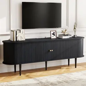 AMERLIFE 70" TV Stand with Solid Wood Legs, Mid Century Modern TV Console with Tambour Door for 80-inch TV, Dust-Proof Storage Cabinet for Living Room/Best Gift Ideas/Christmas Gifts