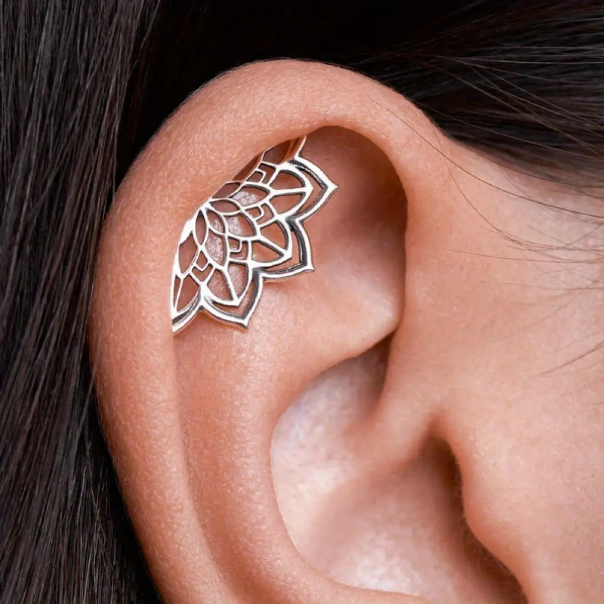 Bohemian Spiral Earrings with Geometric for Lotus Design, Silvery Spiritual Jewelry, Party Accessories, Boho Style Studs, Handcrafted Minimalist Fashion Piercing Earrings for Mindful Living Enthusiasts, Helix Earring, Trendy Earring, Women'S Earrings