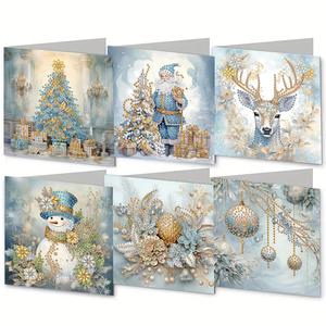 diamond arts colorful painting greeting card kit, 6 counts/set snowman & animal pattern diy arts greeting card, holiday party creative handmade set, handcraft