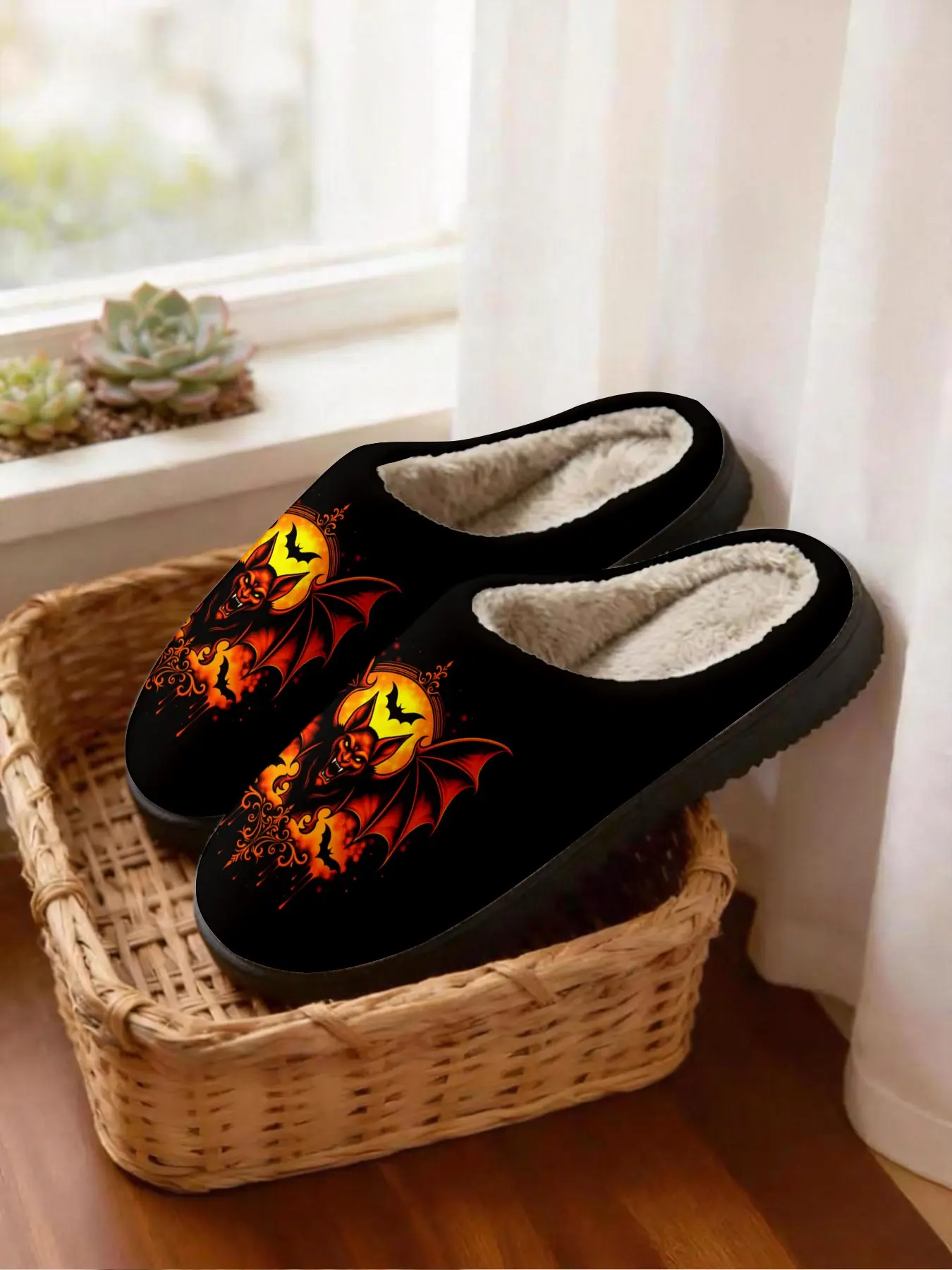 🔥Halloween Demon Bat Graphic | Dark Gothic Style | 1 Pair | Warm Plush Lining, Soft & Anti-Slip | Cozy Home Slippers | Unisex for Fall & Winter, Gaming, Movie Nights, Indoor Relaxing, Halloween Vibes, Gift Ready