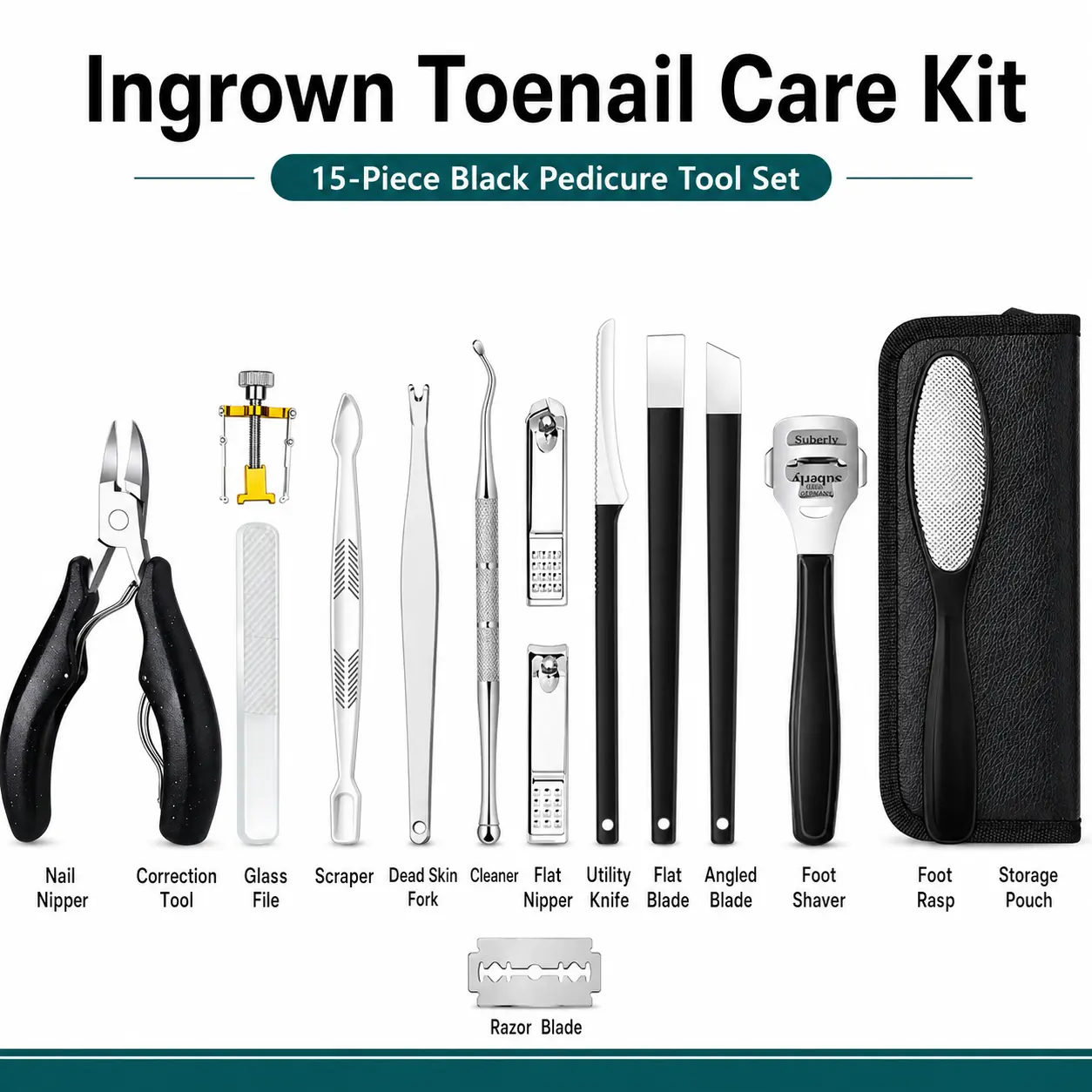 15-Piece Ingrown Toenail Care Kit, Professional Pedicure Tool Set with Stainless Steel Nail Clippers, Foot File & Storage Case for Men and Women