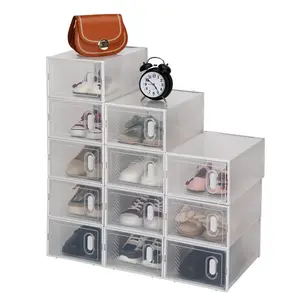 Shoe Storage Boxes 12 Pack Clear Plastic Stackable - White,Large Clear Shoe Boxes Organizer【Thicker Material】 Stronger Shoe Box with Magnetic Door, Stackable Shoe Storage Box for Closet, Foldable Space-Saving Storage Bins Shoe Cabinet, White 12 Pack