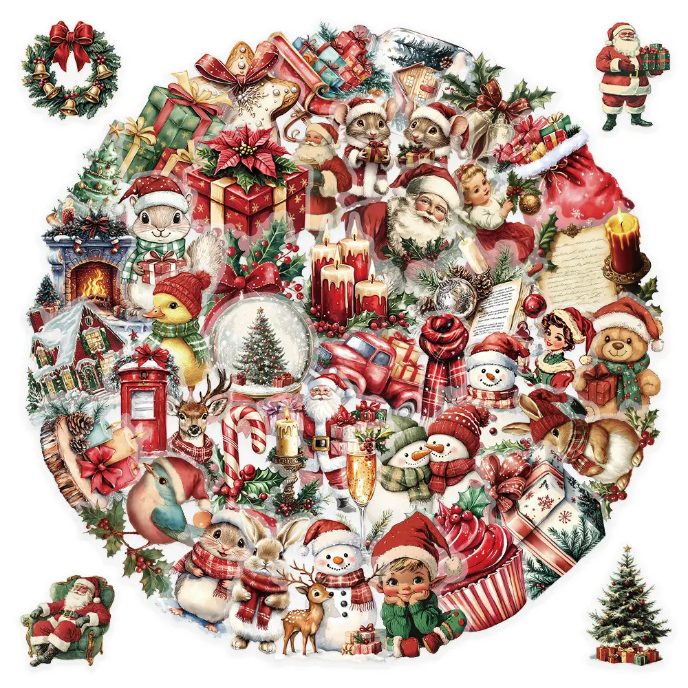 50Pcs Retro Christmas Theme Decorative Stickers Set Christmas Decorations