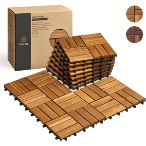 Acacia Wood Interlocking Deck Tiles (12" x 12"), Outdoor Waterproof All Weather Deck Flooring, Tiles for Patio, Indoor and Outdoor Use (Golden Teak 12S, 10 Pcs - 10 Square Ft)