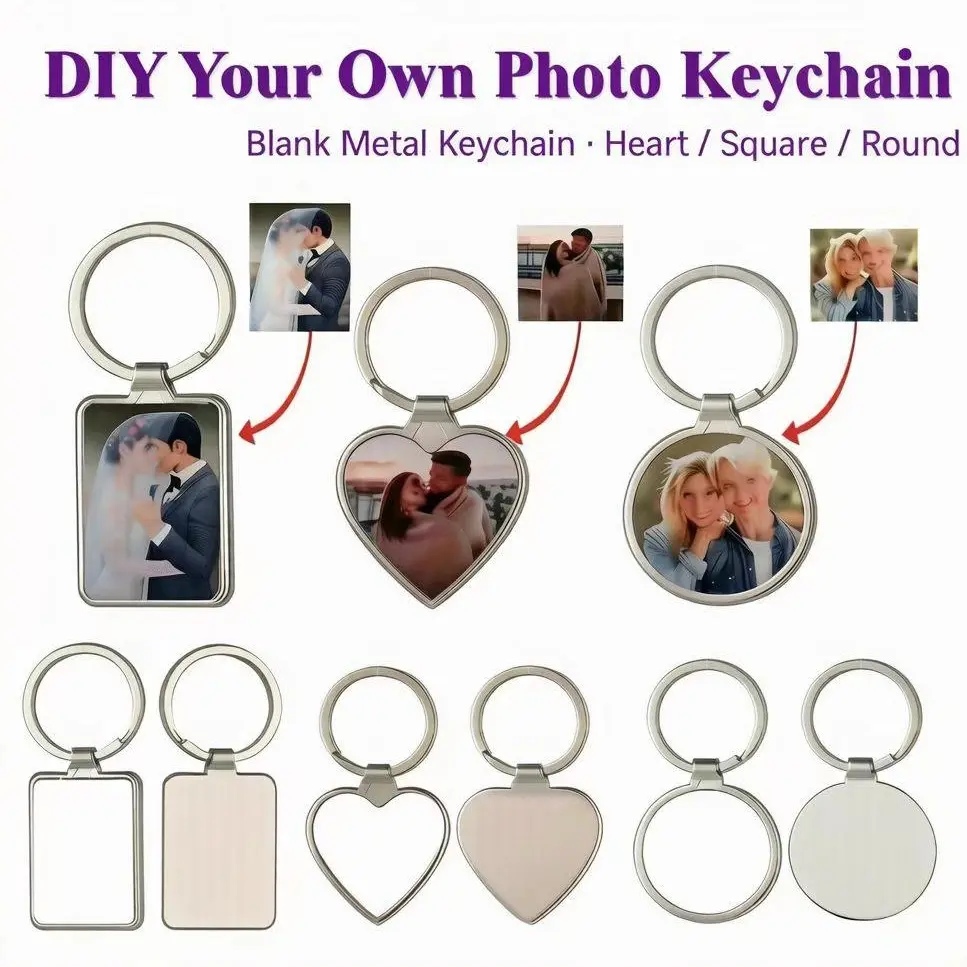 DIY Photo Keychain Blank Metal Keyring Insert Your Own Picture Heart Square Round Custom Gift