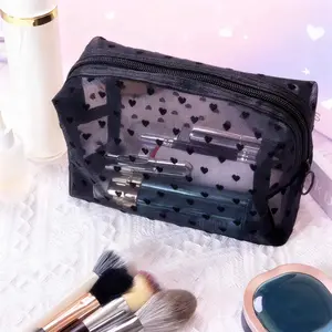 Large Capacity Heart-Shaped Mesh Makeup Organizer Pouch Travel Storage Bag, Travel Cosmetic Bags, Durable Multi-Compartment Design with Zipper, Unisex Adult Use