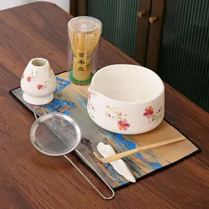 7-Piece Matcha Whisk Set Kit with Ceramic Bowl, Bamboo Whisk & Holder, Scoop, Strainer, Tea Cloth Pink Gift Box (White)