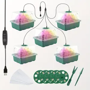 GrowJoy 5pc Seed Starter Kit w/ Grow Light, Humidity Domes & Clear Trays for Greenhouse Seedling Growth.