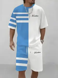 Men's 3D Blue Striped Short Sleeve T-Shirt + Matching Casual Shorts, Fashion Two-Piece Set, Slim-Fit, All Seasons, Sporty