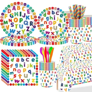 133 Pcs Alphabet ABC Party Supplies Set, Disposable Rainbow Letter Themed Tableware with Plates, Cups, Napkins, Cutlery, Straws & Tablecloth, Preschool & Kids Back to School Birthday Decor event