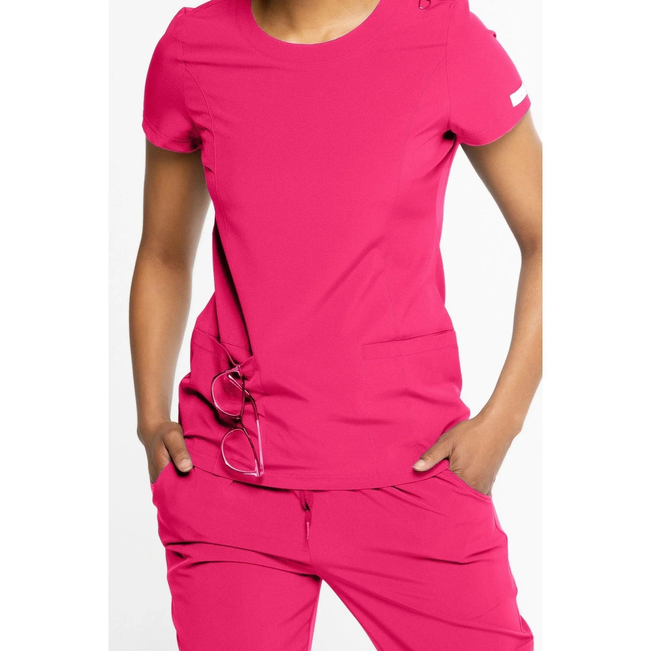 Basic Hot Pink Tshirt-Style Scrub Top for Women with Round Neck - Comfort