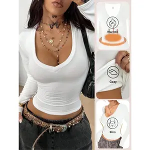 Women's Winter New Solid Color Fleece Lined Simple Basic Deep V Long Sleeve Top, Layered Wearable Outerwear