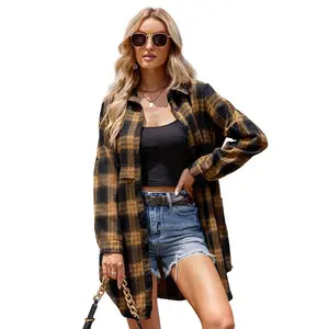 Women's Flannel Plaid Shirts Roll Up Long Sleeve Mid-Long Casual Boyfriend Shirts with Pockets