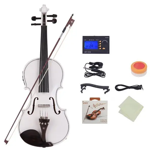 4/4 Size Adult Solid Basswood Wooden EQ Violin Bundle, Perfect Gift for Music Lovers - Includes Case, Bow, Set of Strings, Shoulder Rest, Electronic Tuner, Connecting Wire, Cleaning Cloth (White)