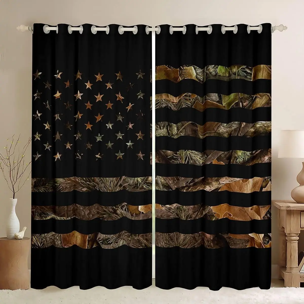 Feelyou Grommet Finished Home Decorative Curtains - Military Look Velvet Fabric, Colorful American Flag Camo Hunting Style, Bold Pattern with Trees, Leaves, Conifer & Oak Branches Window Drapes