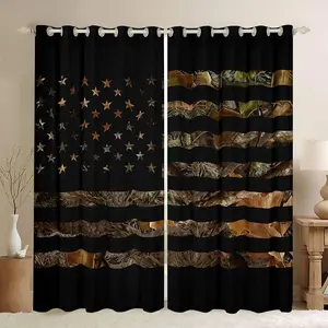 American Flag Camo Window Curtains,Hunting Military Curtains,Trees Leaves Camouflage Window Drapes,Nature Conifer Oak Branches Window Treatments