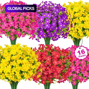 16 Bundles Artificial Flowers for Outdoors Decoration Fake Silk Flowers UV Resistant Faux Plastic Plants for Spring Summer Garden Yard Porch Window Box Home Indoor Outdoor Decor, Mixed Decorative Fake Flower