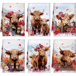 6 Pieces Farm Kitchen Towels Farmhouse Dish Hand Towels Highland Cattle Chicken Animal Tea Washcloth for Summer Kitchen Bathroom Decor, 16 x 24 Inch(Red, Brown,Highland Cattle)