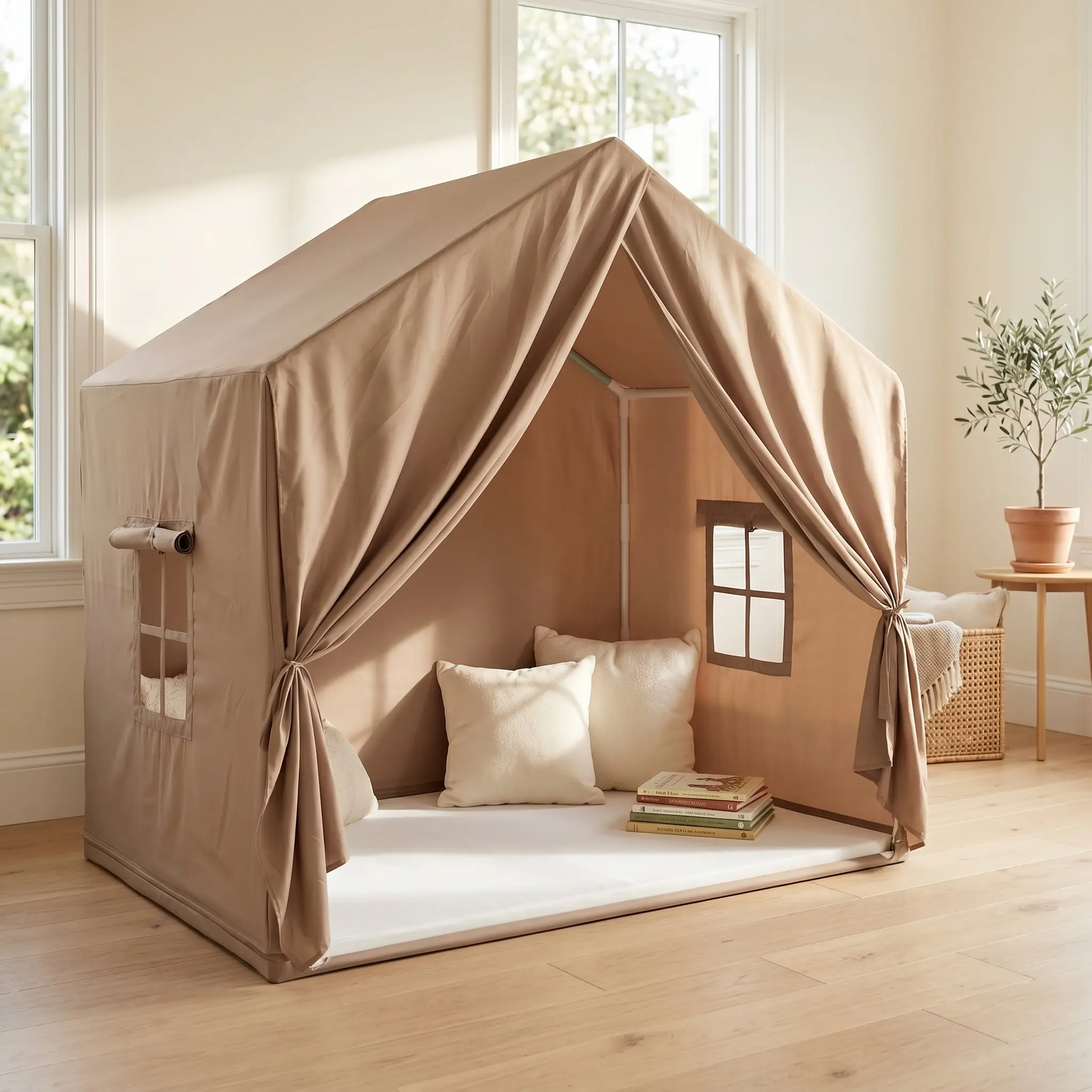 Apojungle Kids Cozy Play Tent with Thick Floor Mat - Sturdy, Breathable Coffee Brown Indoor Playhouse for Toddlers, Ideal for Active Play, Birthday & Christmas Gifts, Gross Motor Play