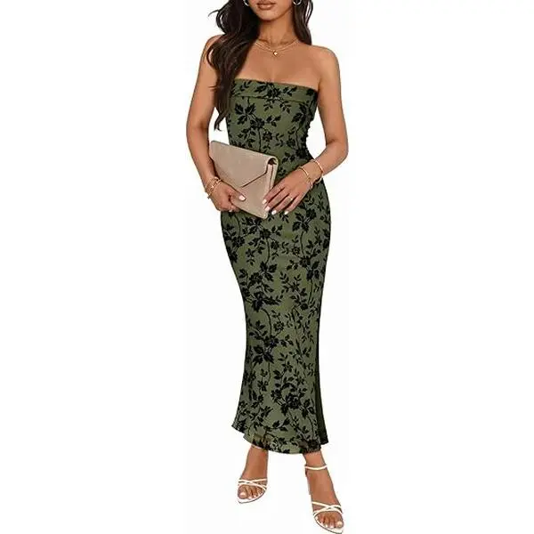 MEROKEETY Lady's 2026 Summer Strapless Floral Print Bodycon Tube Dress - Slip-Free Fit, Mesh Slit, Bridal Shower, Beach Wedding, Garden Party Wedding Guest Cocktail Wear, Womens Dresses