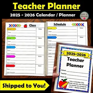 2025-2026 Teacher Planner and Calendar - Spiral Bound Schedule with Class and Period Notes - Shipped to You!