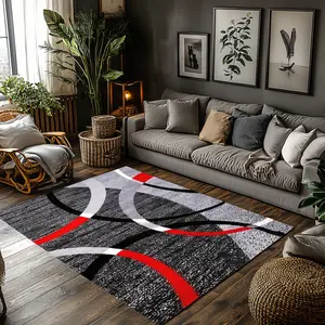 Modern Abstract Curved Line Geometric Crystal Velvet Area Rug Black Grey Red Non‑Slip Contemporary Living Room Rug#AbstractCurvedLineRug #GeometricRug #ContemporaryHomeDecor #BlackGreyRedCarpet #CrystalVelvetRug